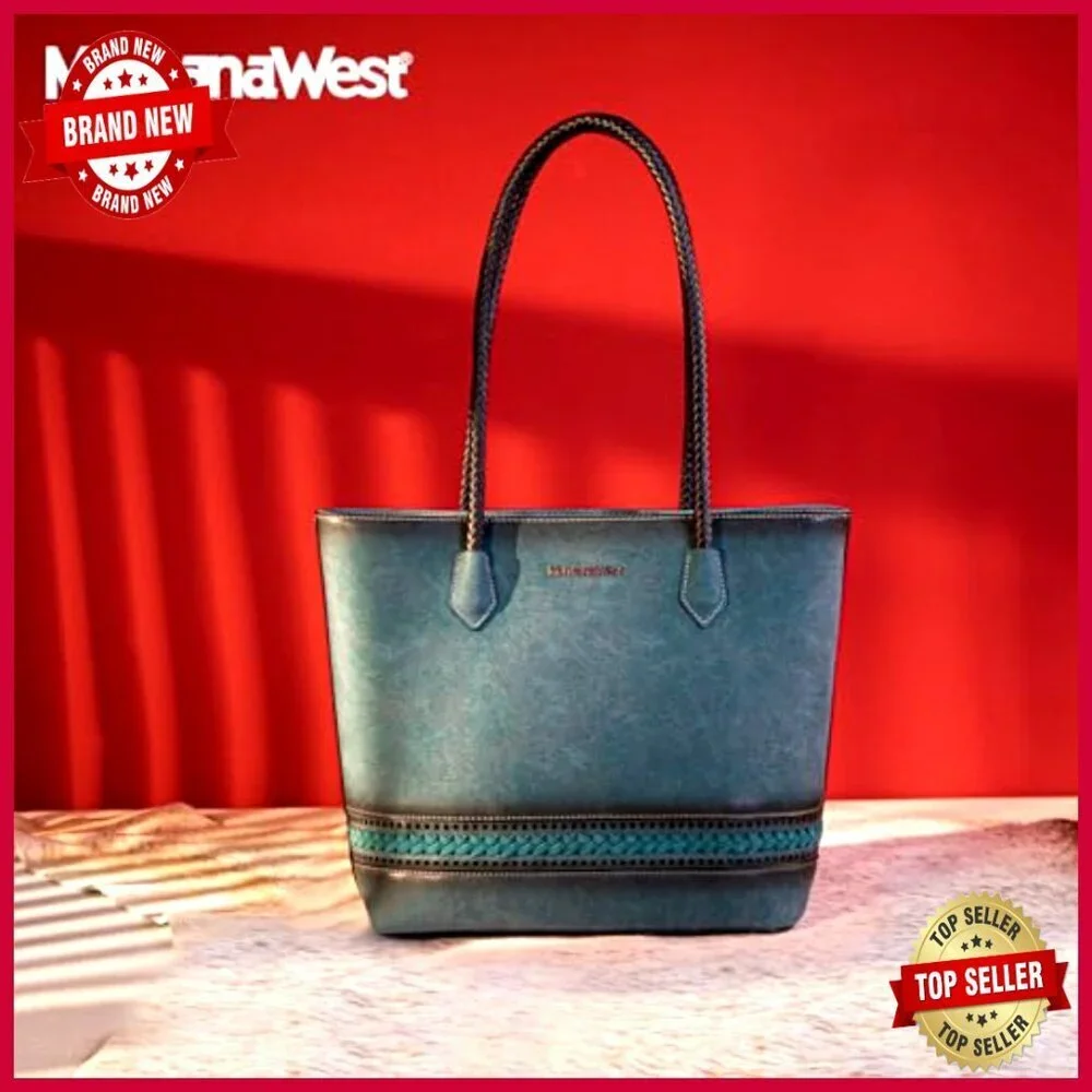 Woven Vegan Leather Tote Bag with Back Zipper Pocket, 8 Compartments